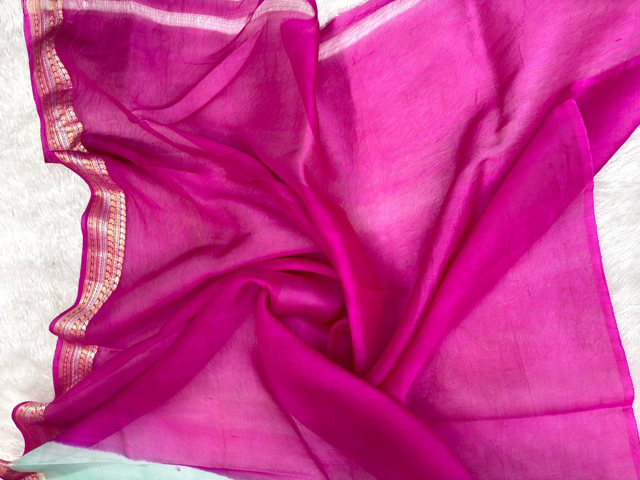 Seafoam Green Banarasi Kora Silk Saree with Gold & Silver Zari Stripes and Contrast Magenta Kadhua Border