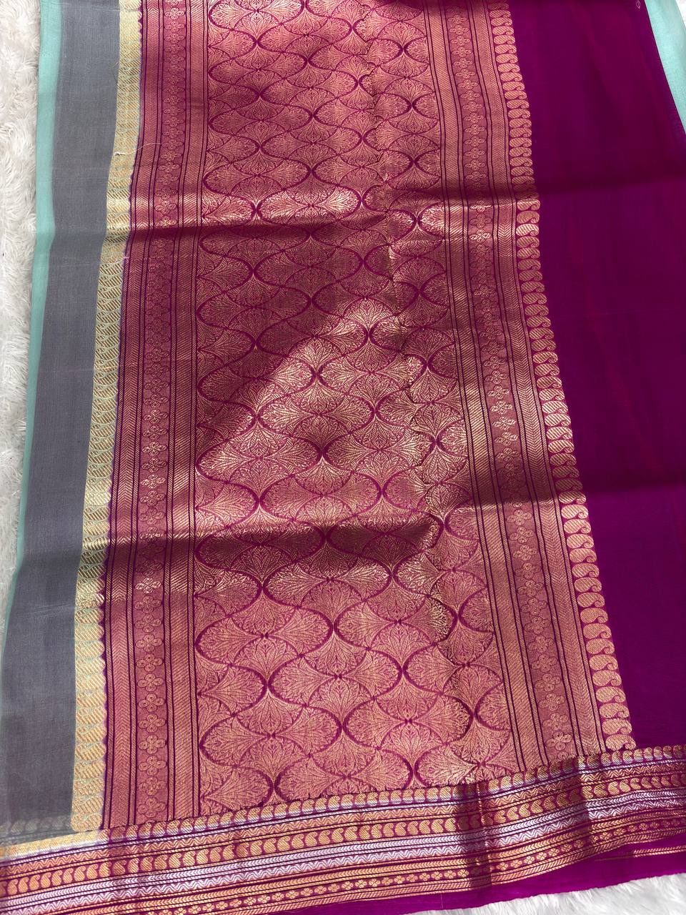 Seafoam Green Banarasi Kora Silk Saree with Gold & Silver Zari Stripes and Contrast Magenta Kadhua Border