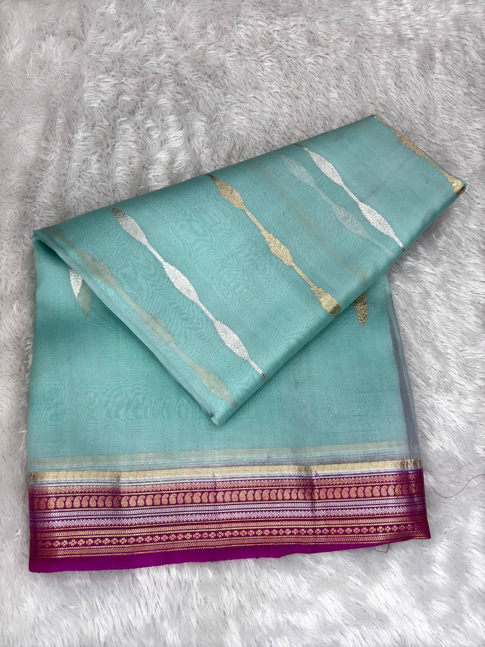 Seafoam Green Banarasi Kora Silk Saree with Gold & Silver Zari Stripes and Contrast Magenta Kadhua Border