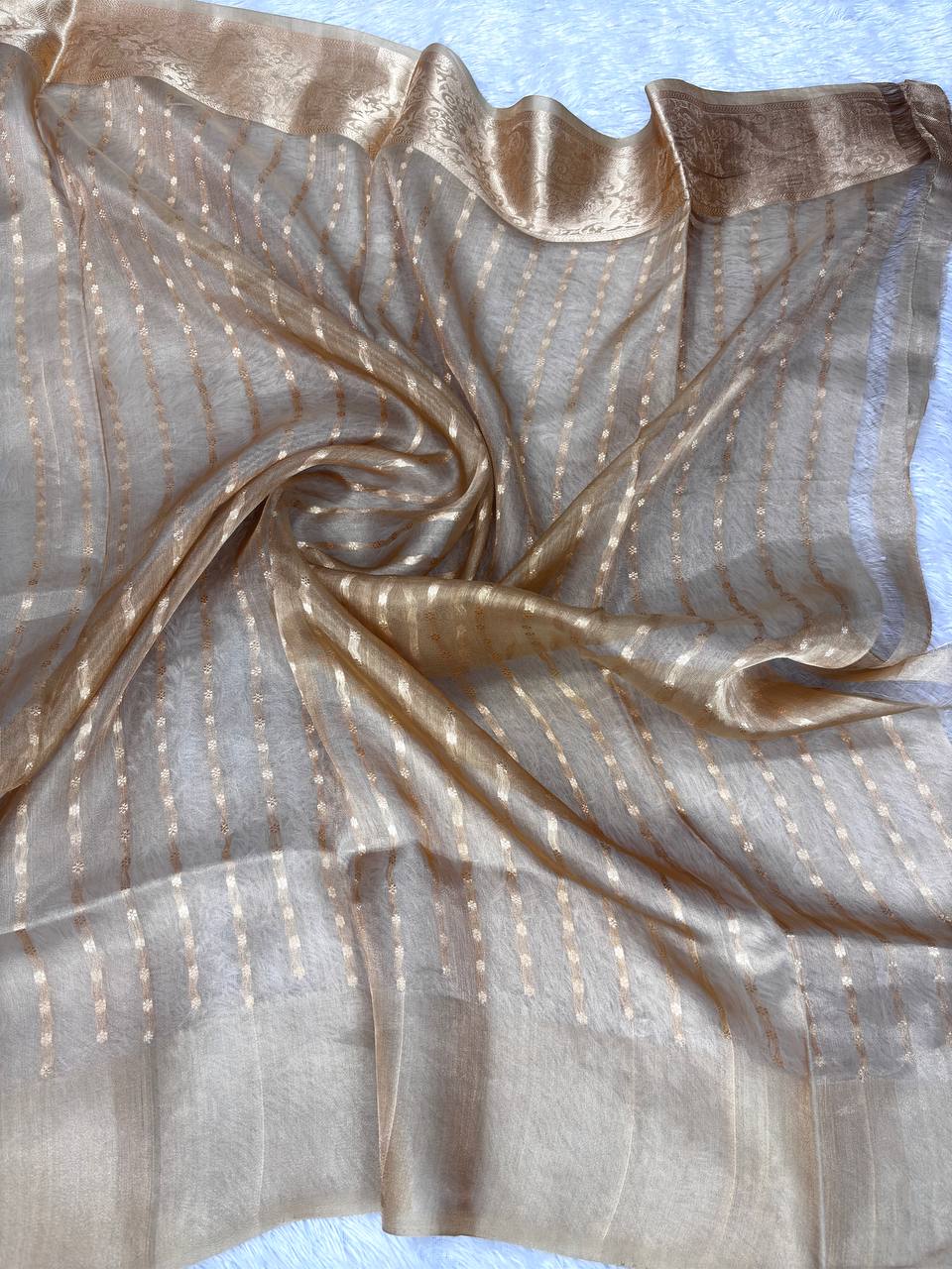 Metallic Champagne Banarasi Kora Silk Saree with Gold & Silver Zari Stripes and Meenakari Kadhua Butis