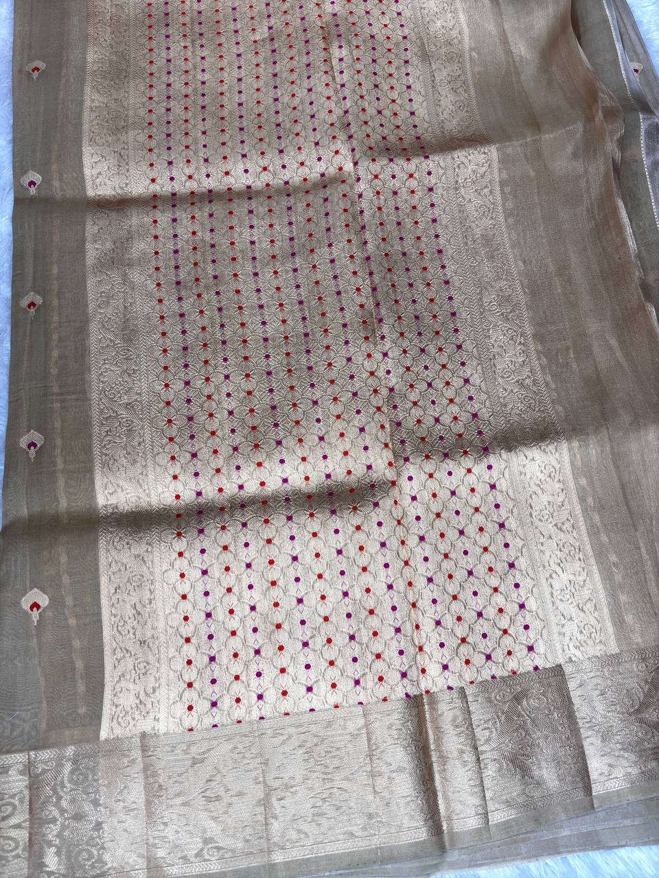 Metallic Champagne Banarasi Kora Silk Saree with Gold & Silver Zari Stripes and Meenakari Kadhua Butis