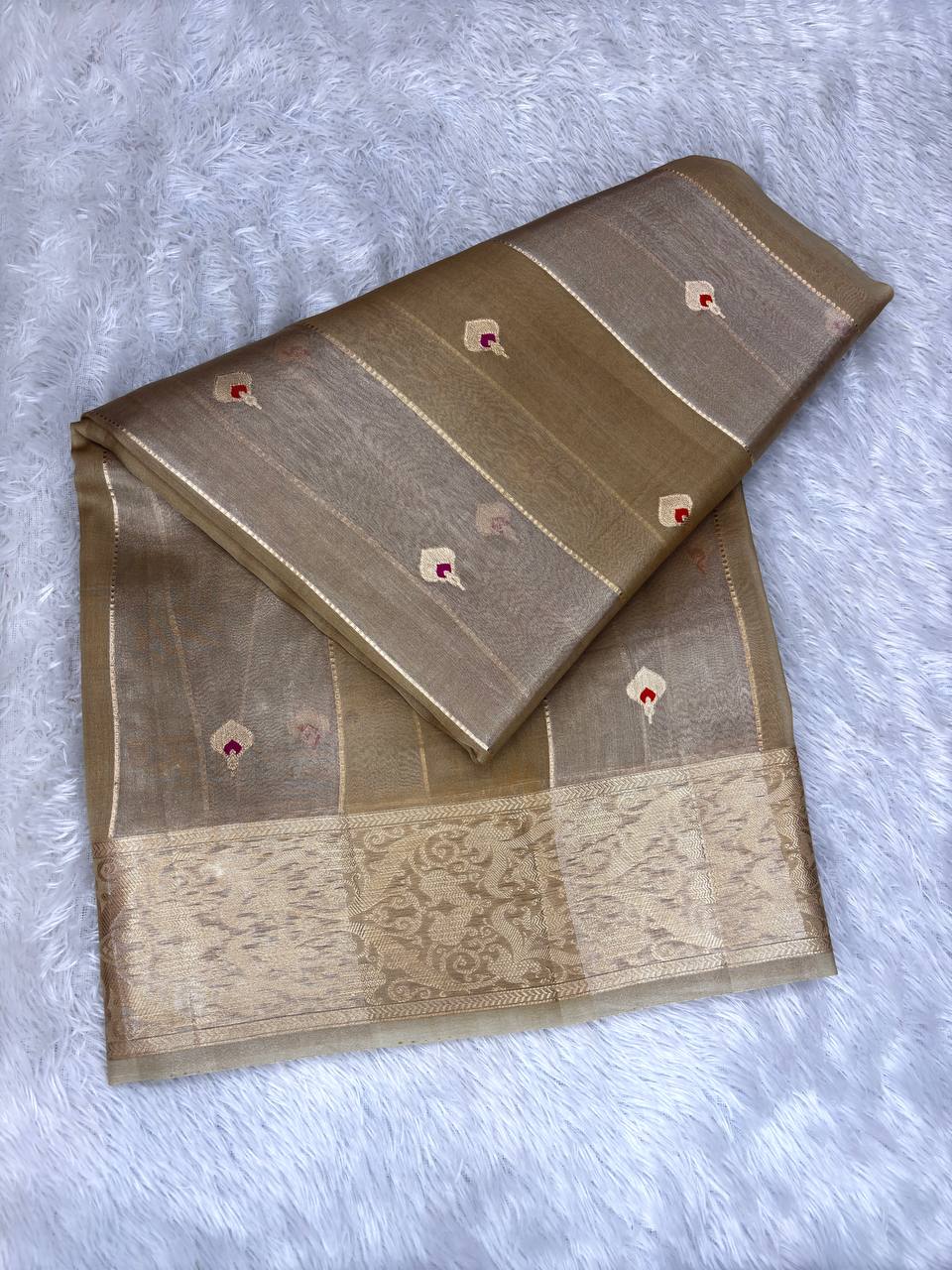 Metallic Champagne Banarasi Kora Silk Saree with Gold & Silver Zari Stripes and Meenakari Kadhua Butis