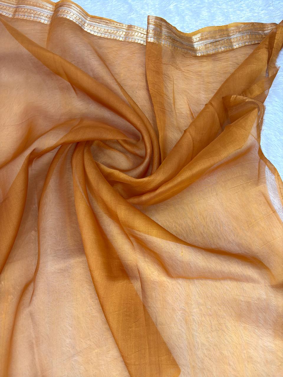 Vibrant Plum Banarasi Kora Silk Saree with Gold & Silver Zari Linear Motifs and Contrast Mustard Border