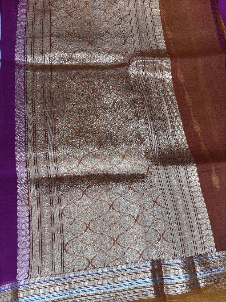 Vibrant Plum Banarasi Kora Silk Saree with Gold & Silver Zari Linear Motifs and Contrast Mustard Border