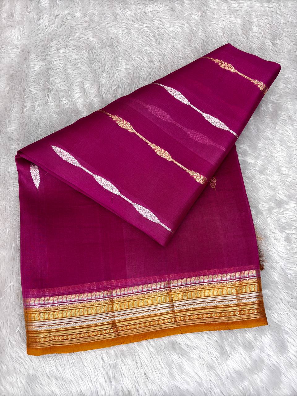 Vibrant Plum Banarasi Kora Silk Saree with Gold & Silver Zari Linear Motifs and Contrast Mustard Border