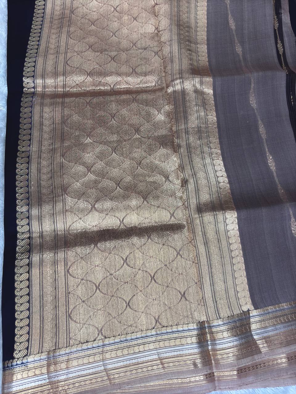 Midnight Blue Banarasi Kora Silk Saree with Gold & Silver Zari Linear Motifs and Layered Zari Border