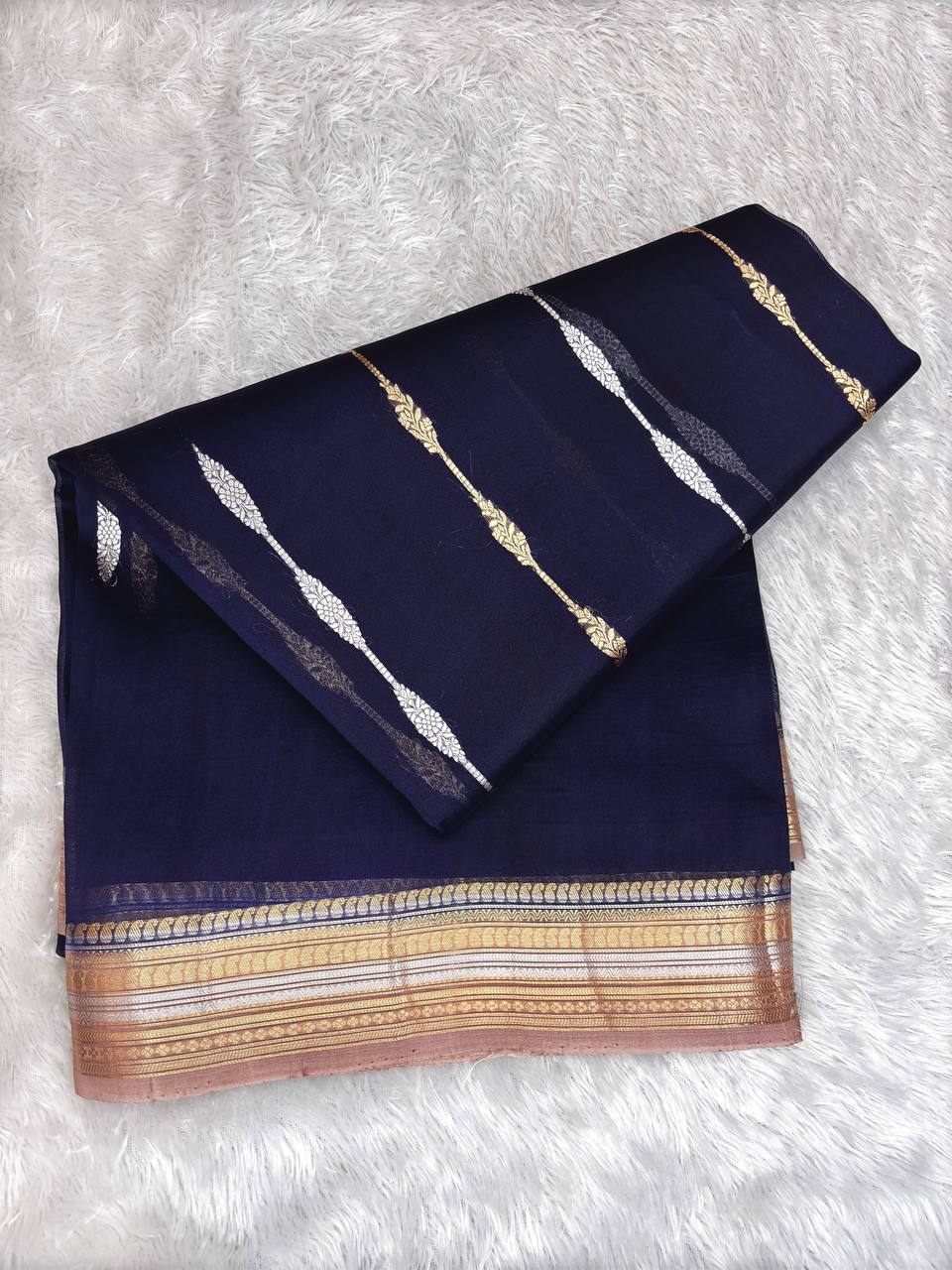 Midnight Blue Banarasi Kora Silk Saree with Gold & Silver Zari Linear Motifs and Layered Zari Border