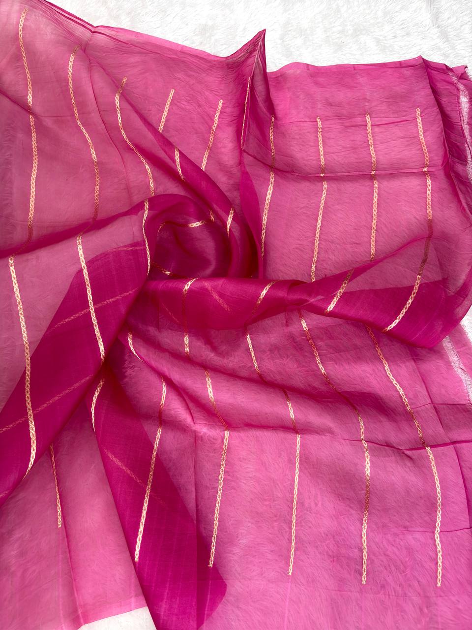 Rust Brown Banarasi Kora Silk Saree with Kadhua Floral Medallions and Contrast Magenta Zari Border
