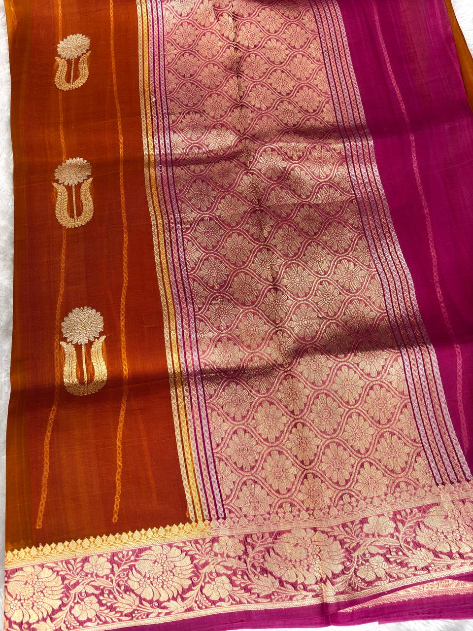 Rust Brown Banarasi Kora Silk Saree with Kadhua Floral Medallions and Contrast Magenta Zari Border