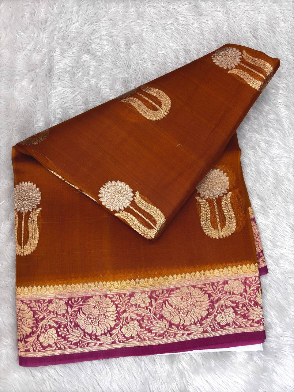 Rust Brown Banarasi Kora Silk Saree with Kadhua Floral Medallions and Contrast Magenta Zari Border