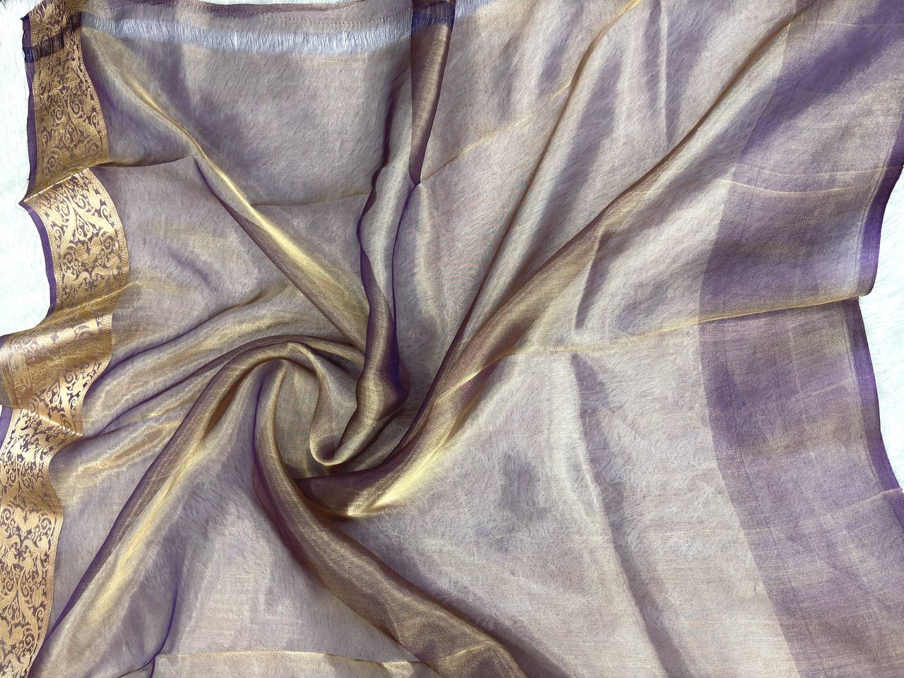 Deep Purple Banarasi Kora Silk Saree with Gold & Silver Zari Stripes and Meenakari Kadhua Butis