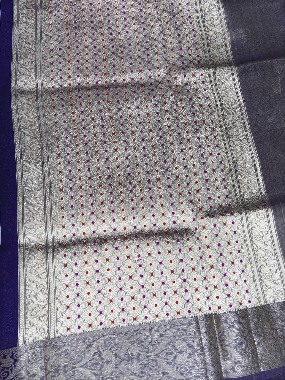 Deep Purple Banarasi Kora Silk Saree with Gold & Silver Zari Stripes and Meenakari Kadhua Butis
