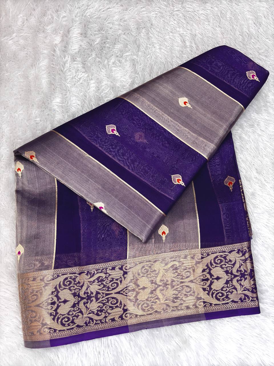 Deep Purple Banarasi Kora Silk Saree with Gold & Silver Zari Stripes and Meenakari Kadhua Butis