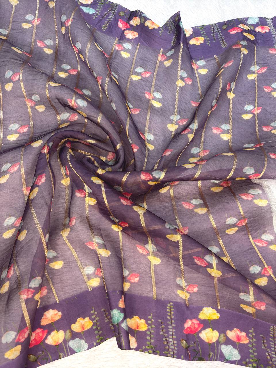 Deep Wine Banarasi Kora Silk Saree with Gold Zari Kadhua Vines and Digital Floral Painted Border