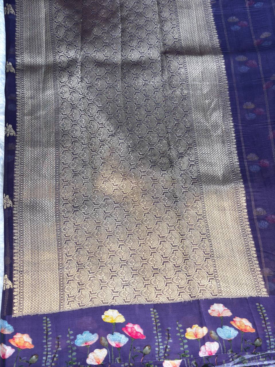 Deep Wine Banarasi Kora Silk Saree with Gold Zari Kadhua Vines and Digital Floral Painted Border