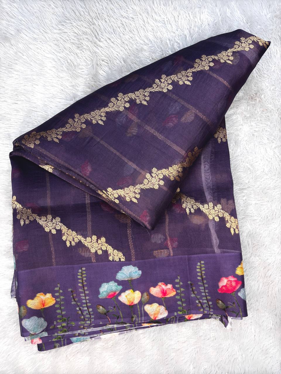 Deep Wine Banarasi Kora Silk Saree with Gold Zari Kadhua Vines and Digital Floral Painted Border