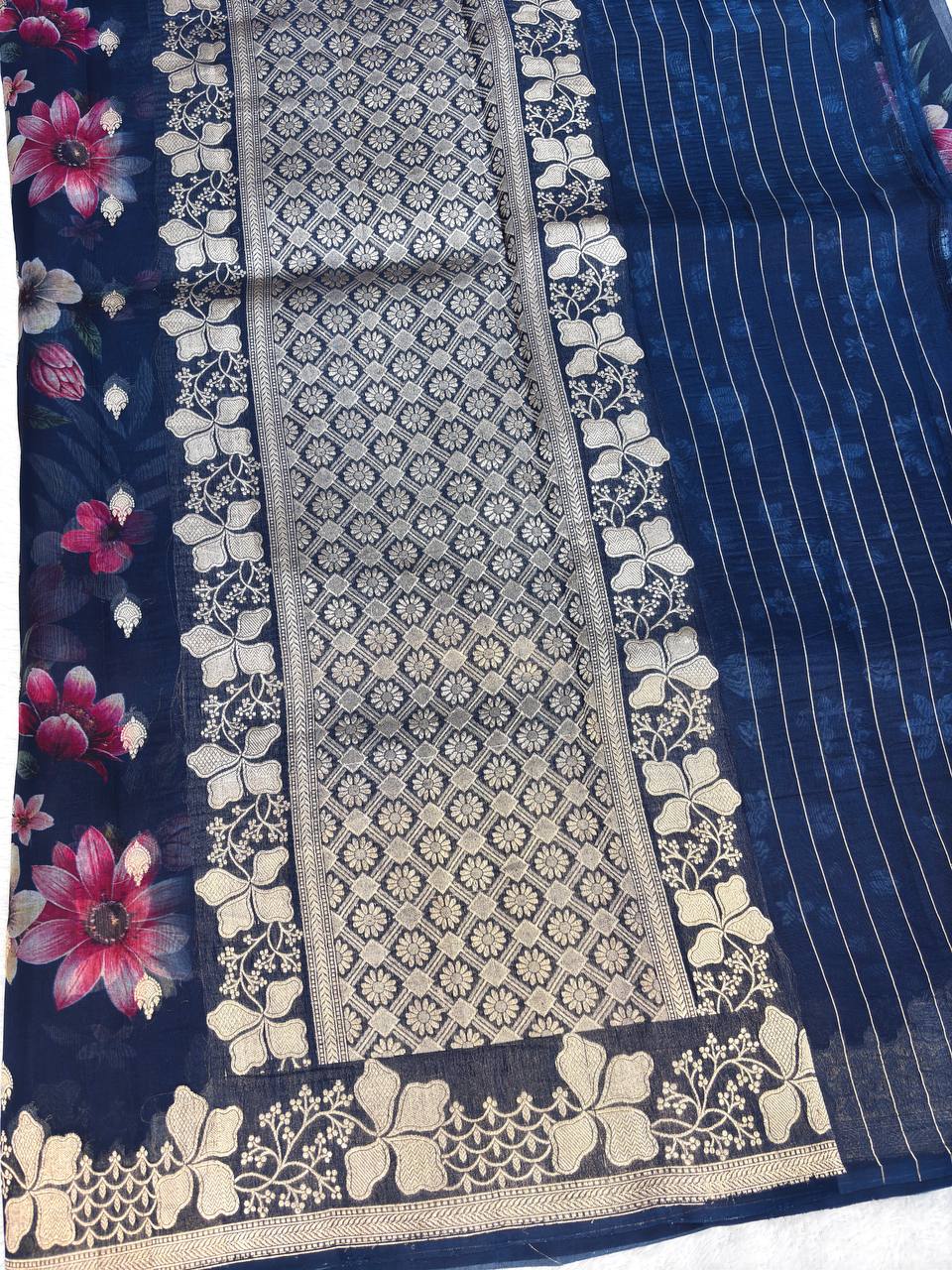 Midnight Blue Kora Silk Fusion Saree with Digital Floral Garden Print and Gold Zari Kadhua Border