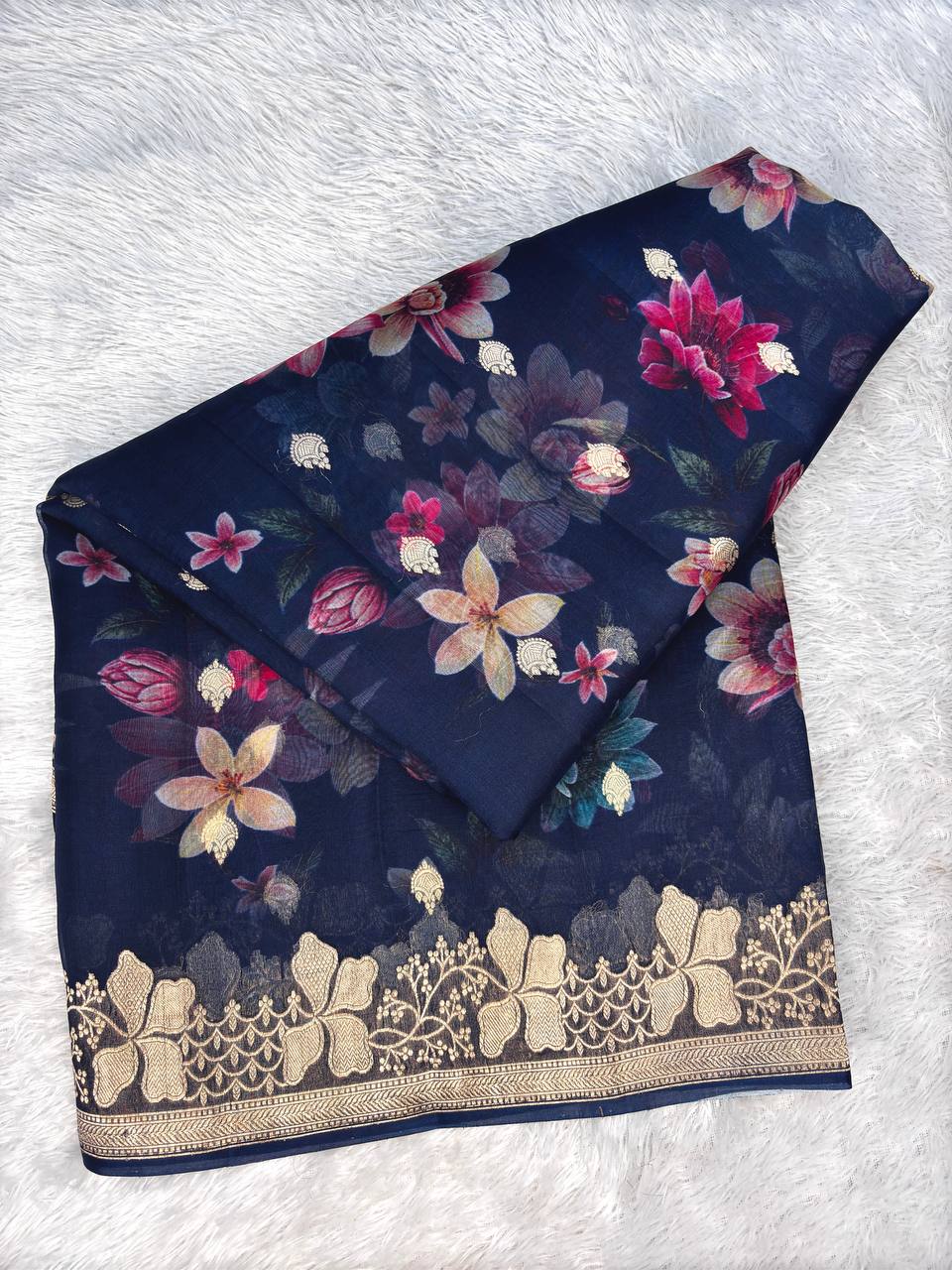 Midnight Blue Kora Silk Fusion Saree with Digital Floral Garden Print and Gold Zari Kadhua Border