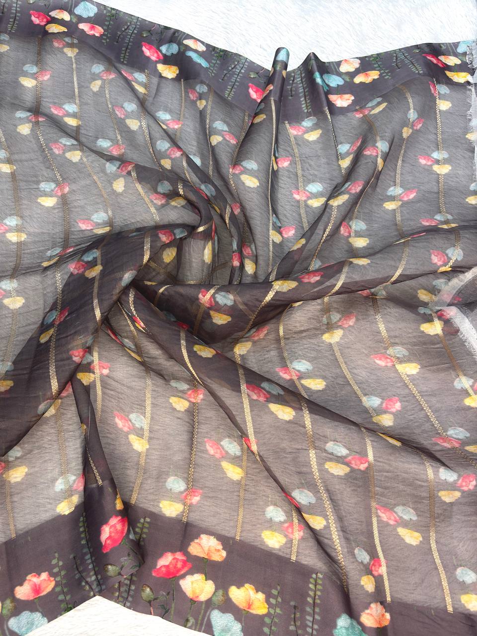 Midnight Coffee Banarasi Kora Silk Saree with Ganga-Jamuna Kadhua Leaves and Digital Floral Painted Border
