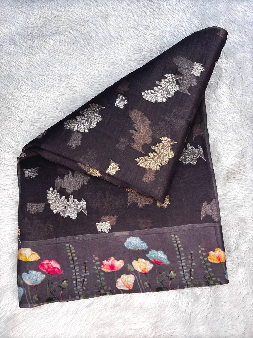 Midnight Coffee Banarasi Kora Silk Saree with Ganga-Jamuna Kadhua Leaves and Digital Floral Painted Border
