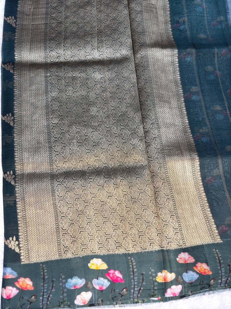 Bottle Green Banarasi Kora Silk Saree with Gold Zari Kadhua Vines and Digital Floral Meadow Border