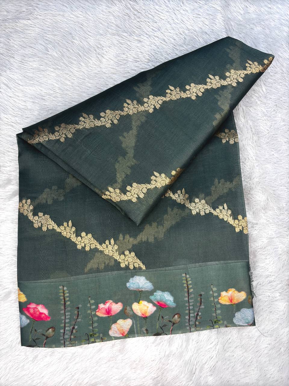 Bottle Green Banarasi Kora Silk Saree with Gold Zari Kadhua Vines and Digital Floral Meadow Border