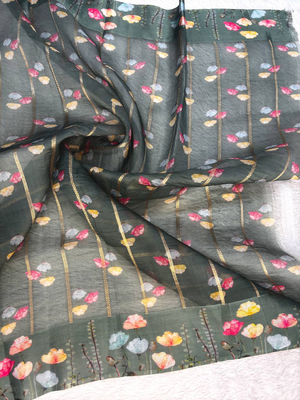 Bottle Green Banarasi Kora Silk Saree with Gold Zari Kadhua Vines and Digital Floral Meadow Border