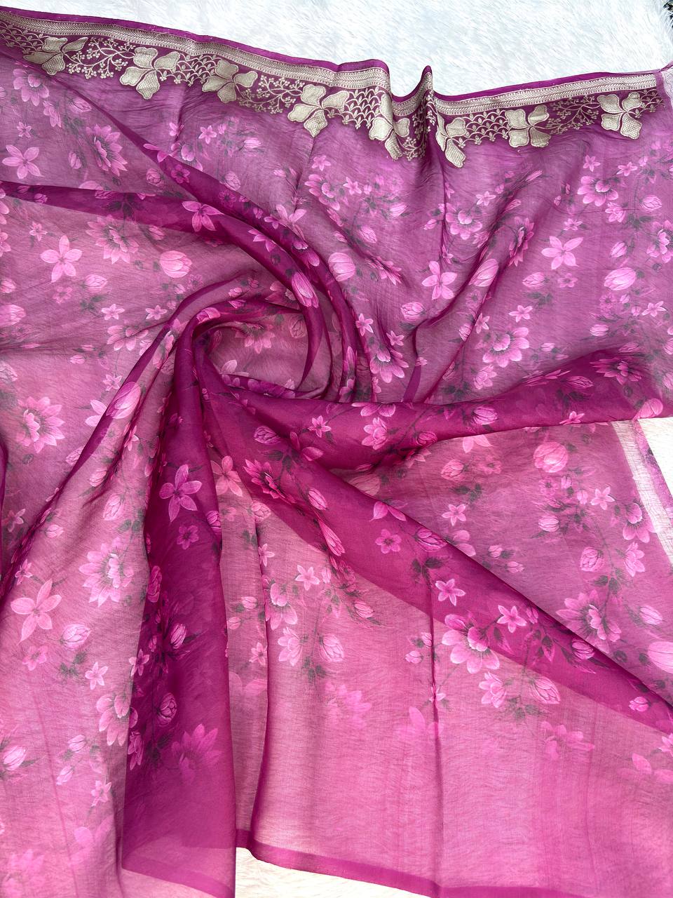 Magenta Plum Kora Silk Fusion Saree with Digital Floral Garden Print and Gold Zari Kadhua Border