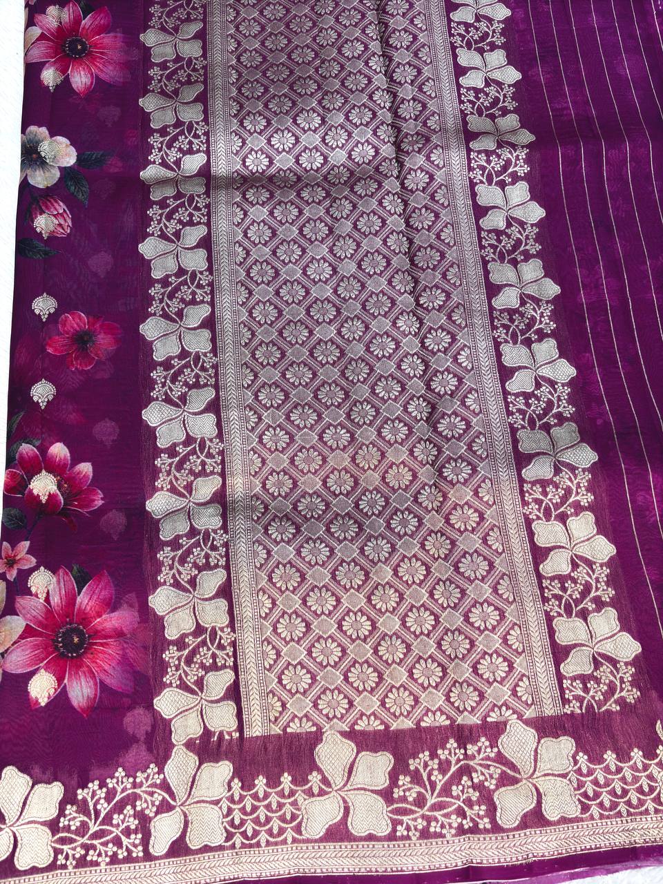 Magenta Plum Kora Silk Fusion Saree with Digital Floral Garden Print and Gold Zari Kadhua Border