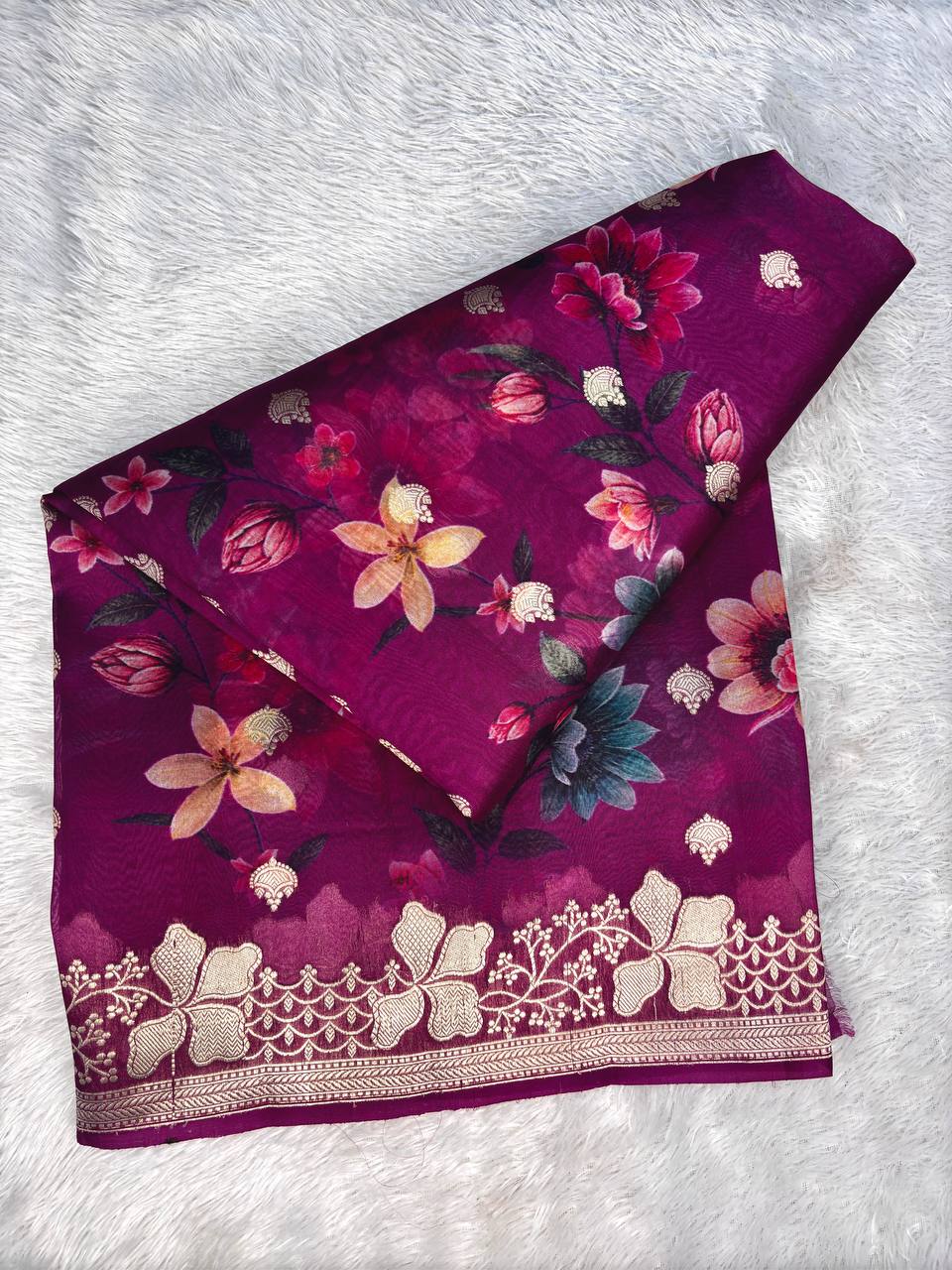 Magenta Plum Kora Silk Fusion Saree with Digital Floral Garden Print and Gold Zari Kadhua Border