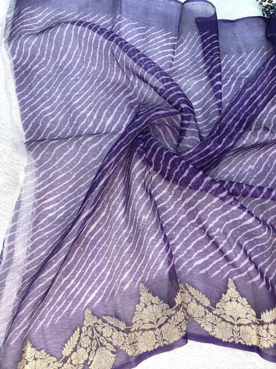 Midnight Purple Kora Silk Fusion Saree with Digital Floral Garden Print and Silver Zari Kadhua Border