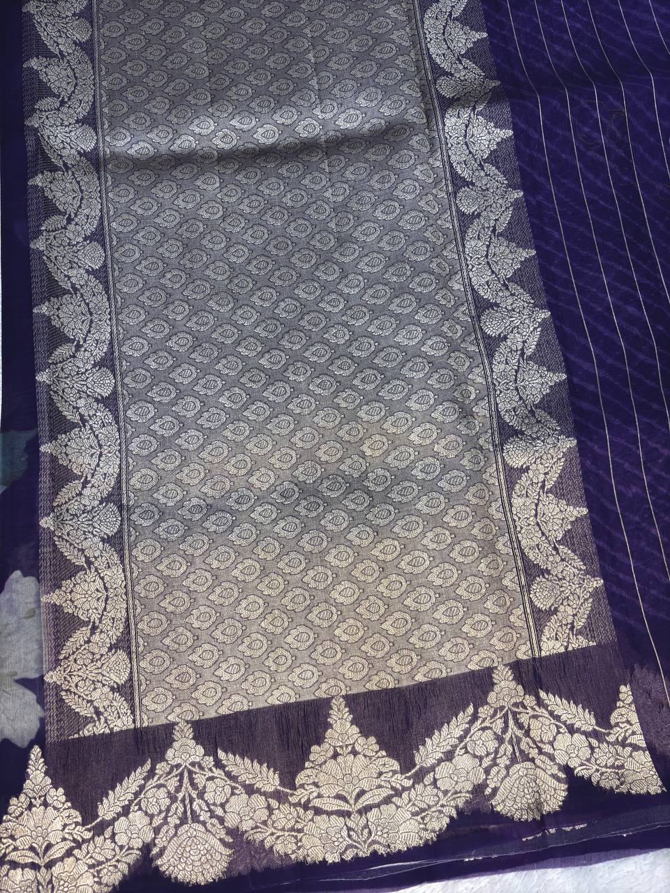 Midnight Purple Kora Silk Fusion Saree with Digital Floral Garden Print and Silver Zari Kadhua Border
