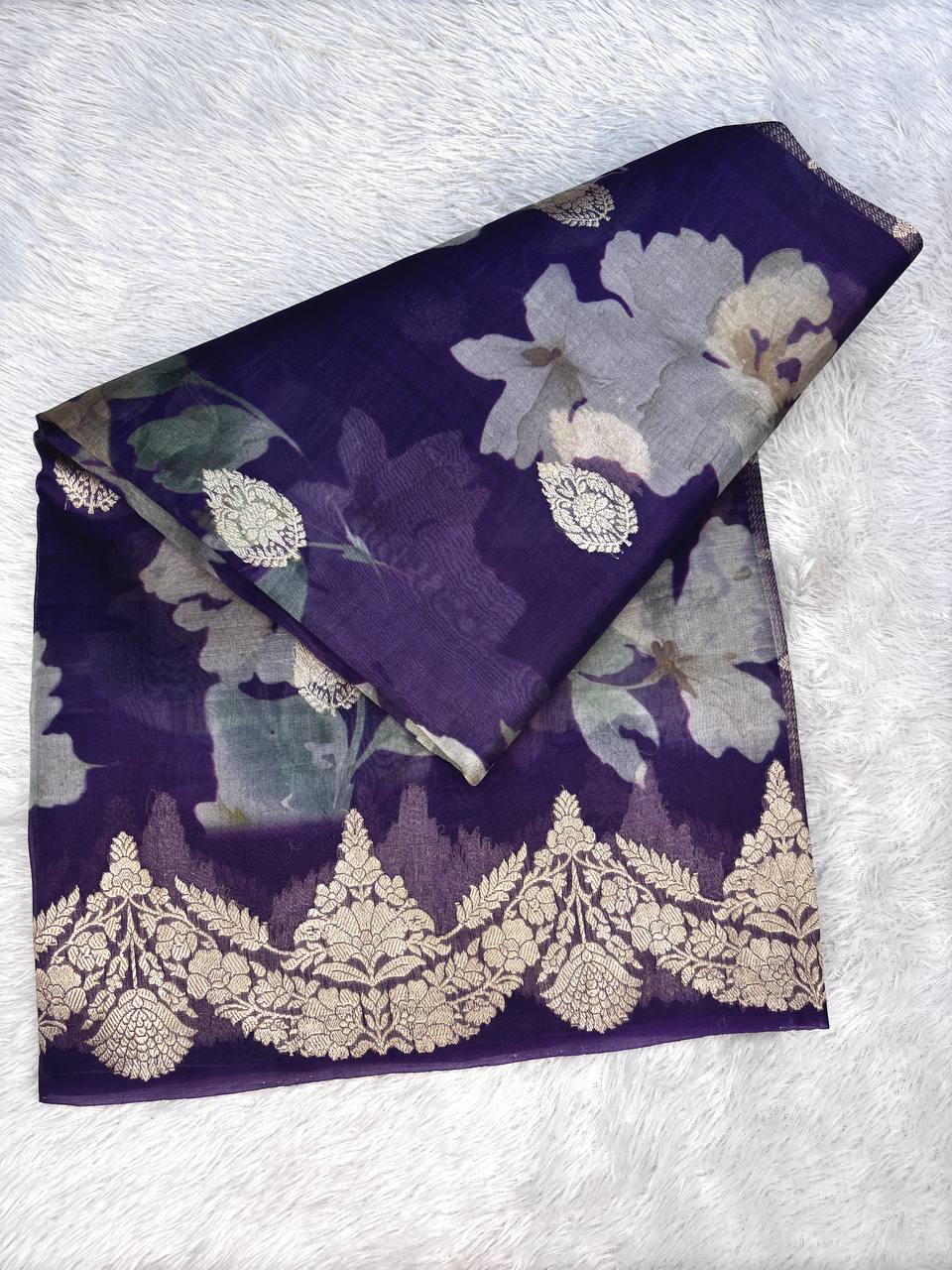 Midnight Purple Kora Silk Fusion Saree with Digital Floral Garden Print and Silver Zari Kadhua Border