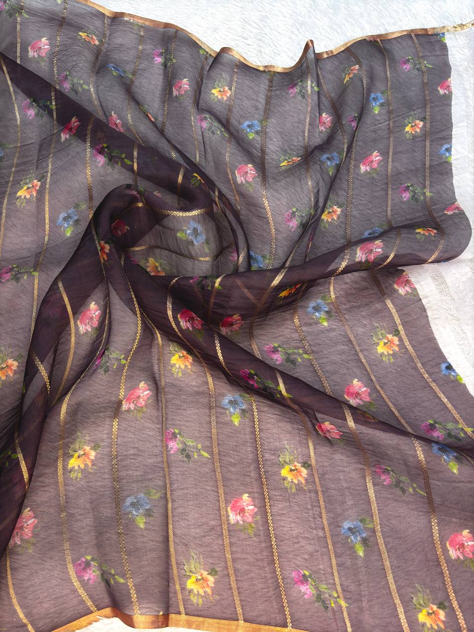 Midnight Coffee Banarasi Kora Silk Saree with Gold Zari Kadhua Butis and Abstract Painterly Floral Print