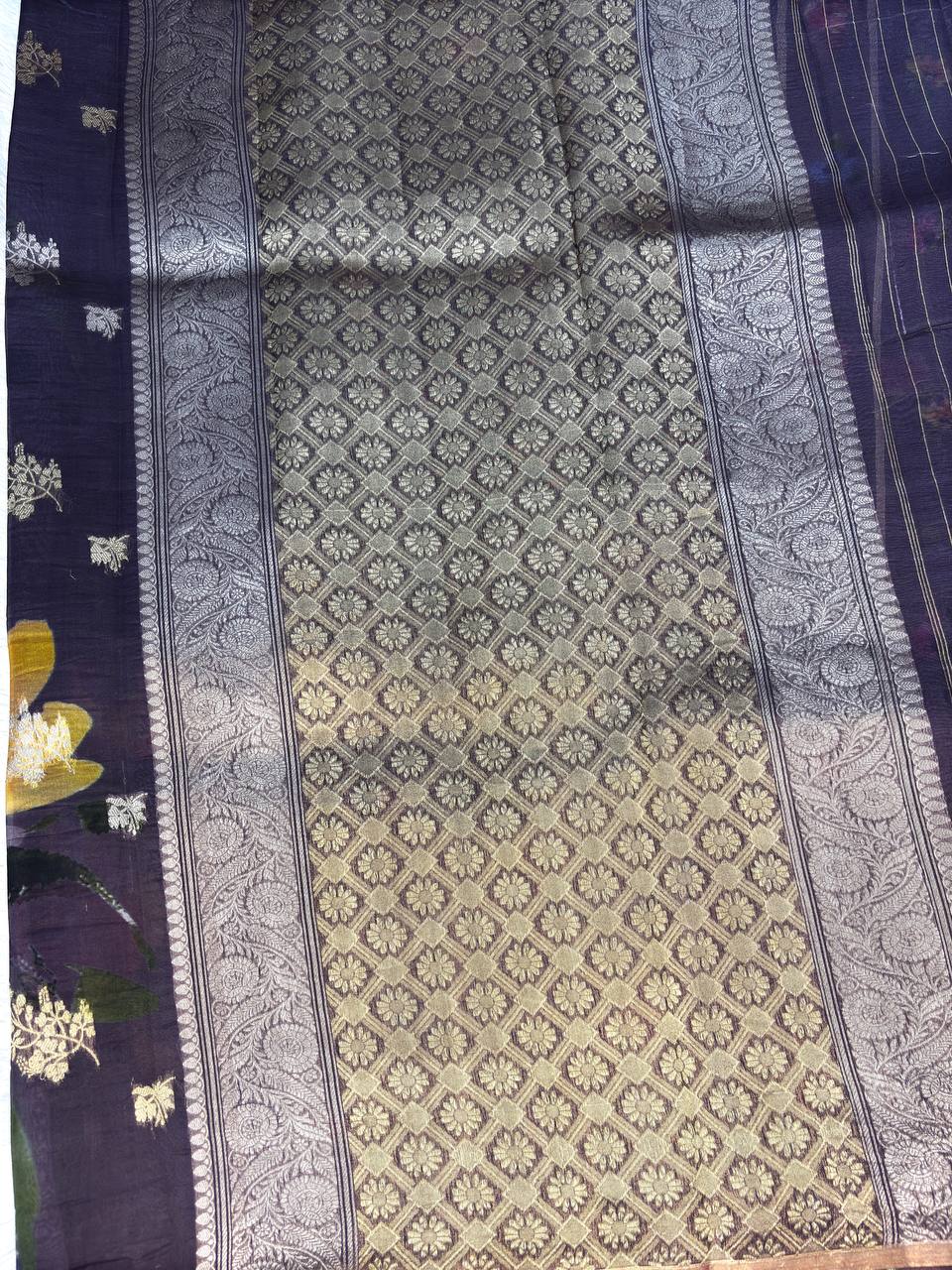 Midnight Coffee Banarasi Kora Silk Saree with Gold Zari Kadhua Butis and Abstract Painterly Floral Print