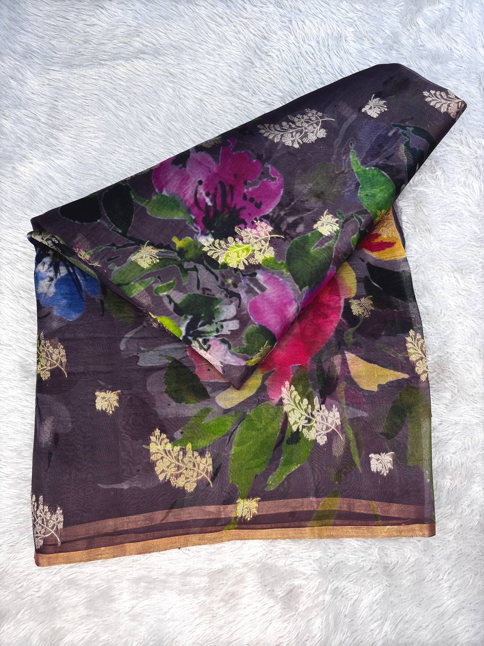 Midnight Coffee Banarasi Kora Silk Saree with Gold Zari Kadhua Butis and Abstract Painterly Floral Print