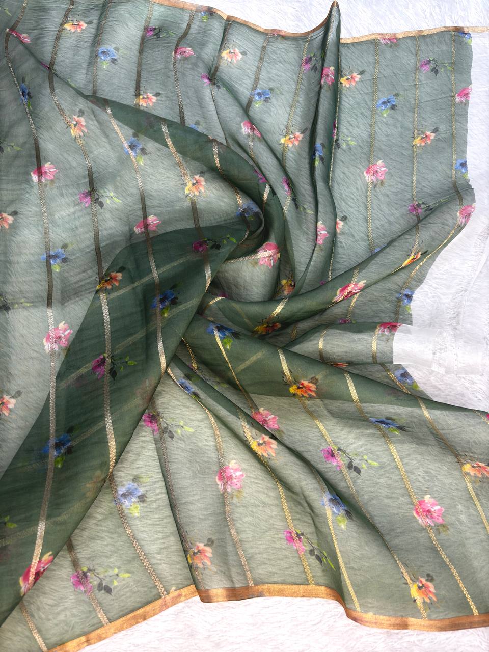 Bottle Green Kora Silk Fusion Saree with Digital Floral Garden Print and Silver Zari Kadhua Accents