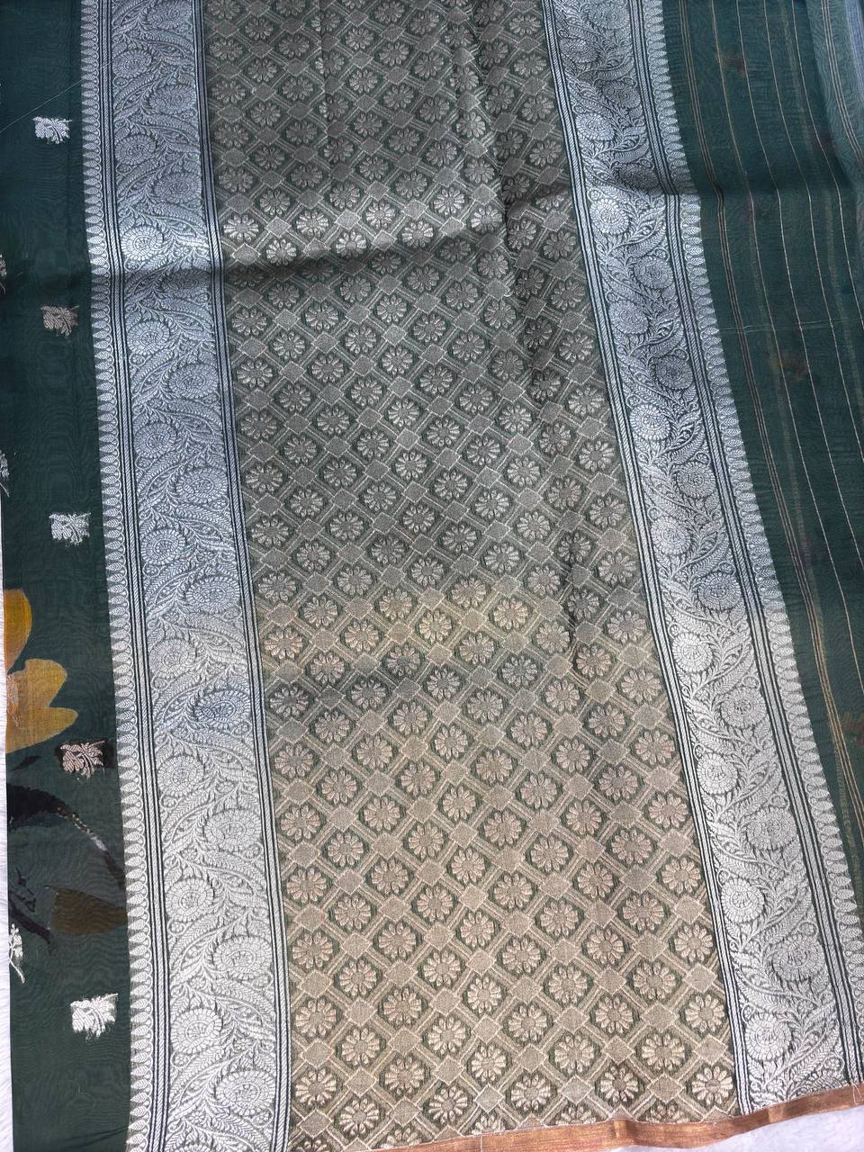 Bottle Green Kora Silk Fusion Saree with Digital Floral Garden Print and Silver Zari Kadhua Accents