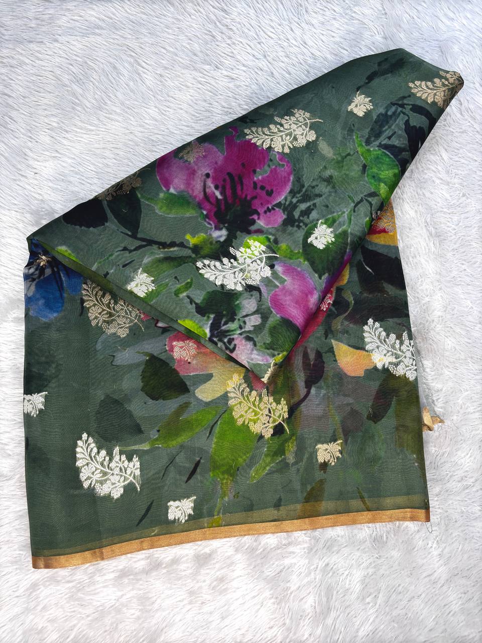 Bottle Green Kora Silk Fusion Saree with Digital Floral Garden Print and Silver Zari Kadhua Accents
