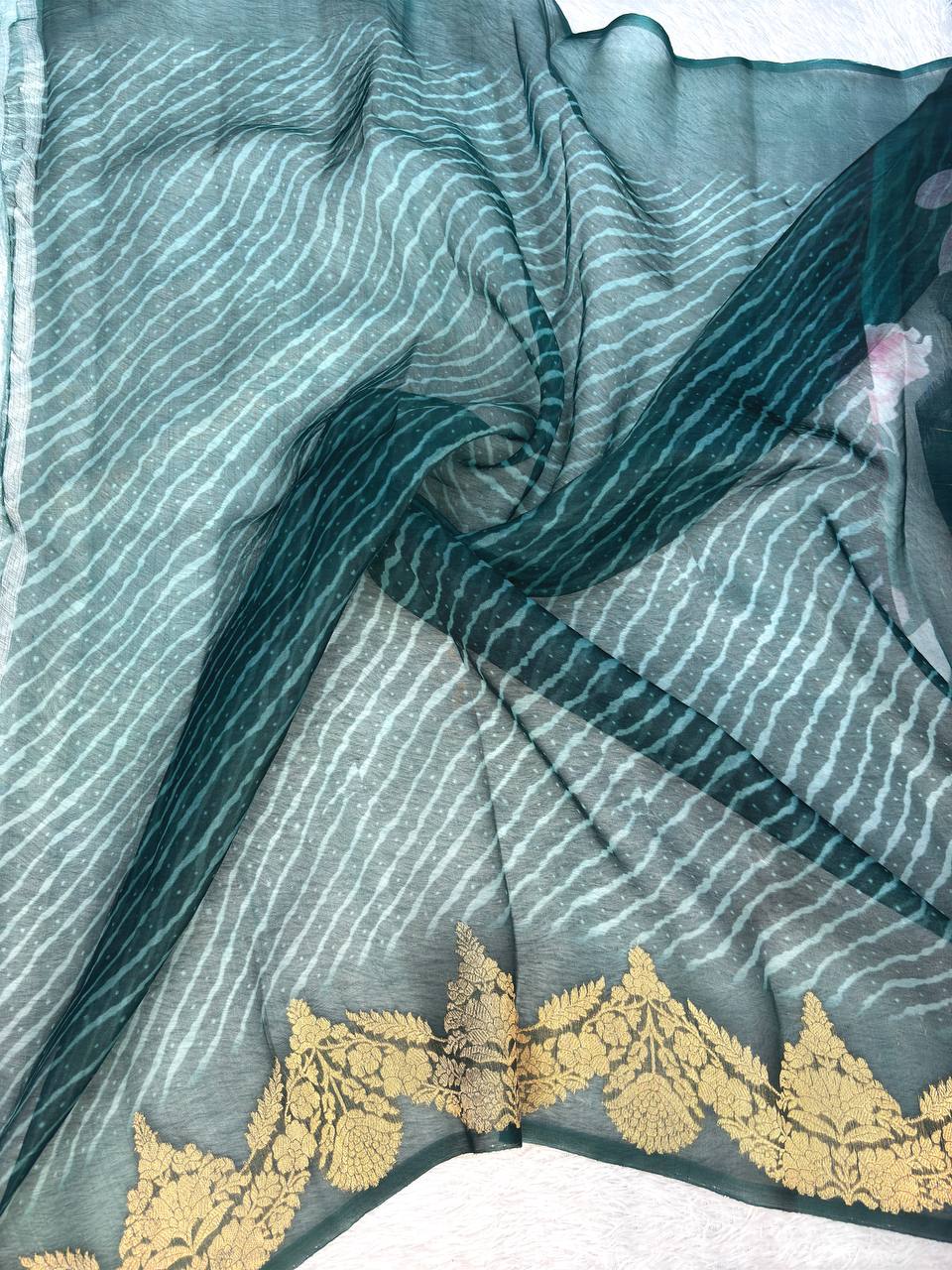 Deep Teal Kora Silk Fusion Saree with Digital Floral Garden Print and Gold Zari Kadhua Border