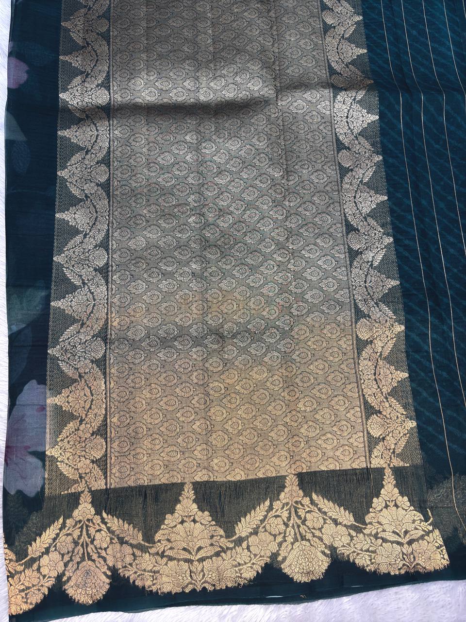 Deep Teal Kora Silk Fusion Saree with Digital Floral Garden Print and Gold Zari Kadhua Border