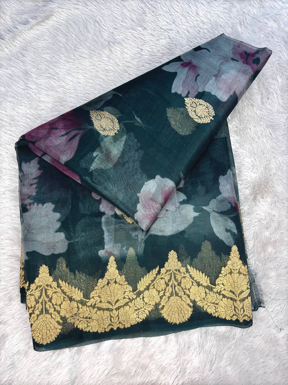 Deep Teal Kora Silk Fusion Saree with Digital Floral Garden Print and Gold Zari Kadhua Border
