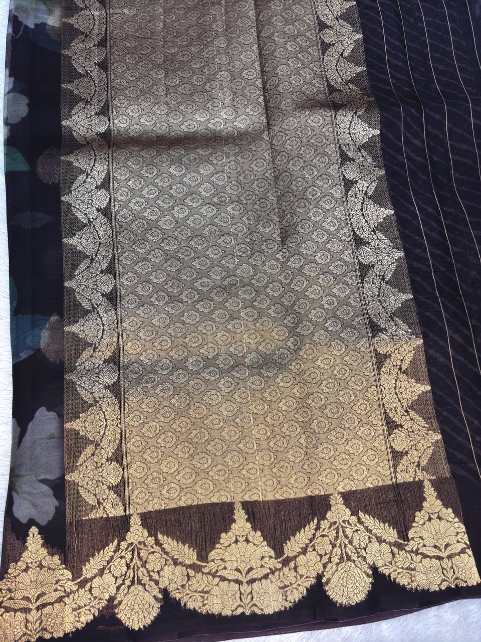 Midnight Coffee Kora Silk Fusion Saree with Digital Floral Garden Print and Gold Zari Kadhua Border
