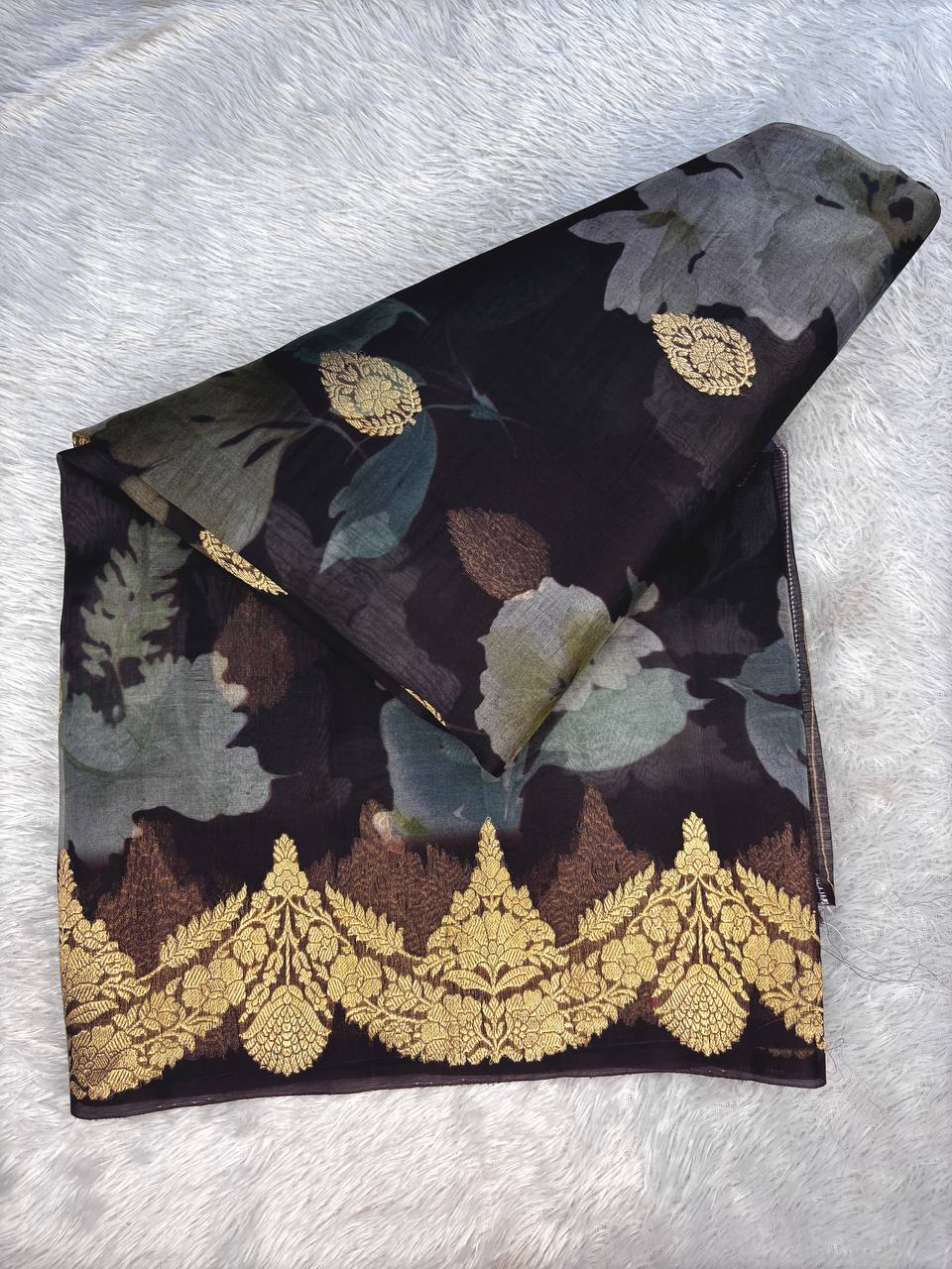 Midnight Coffee Kora Silk Fusion Saree with Digital Floral Garden Print and Gold Zari Kadhua Border