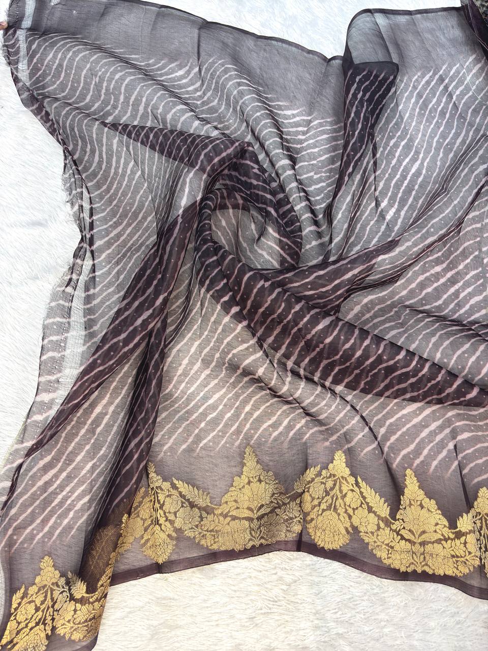 Midnight Coffee Kora Silk Fusion Saree with Digital Floral Garden Print and Gold Zari Kadhua Border