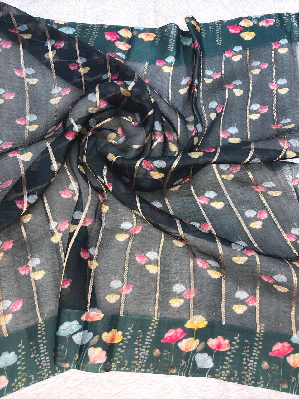 Bottle Green Banarasi Kora Silk Saree with Gold Zari Kadhua Vines and Digital Floral Meadow Border