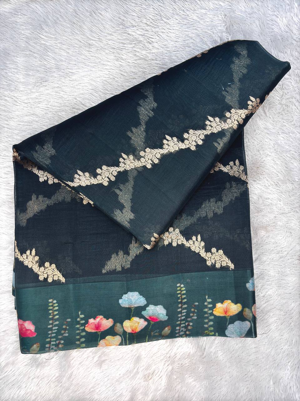 Bottle Green Banarasi Kora Silk Saree with Gold Zari Kadhua Vines and Digital Floral Meadow Border