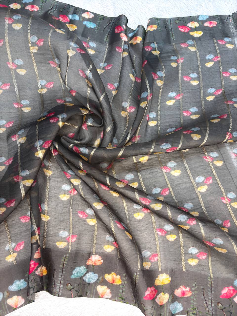 Charcoal Black Banarasi Kora Silk Saree with Gold Zari Kadhua Vines and Digital Floral Painted Border