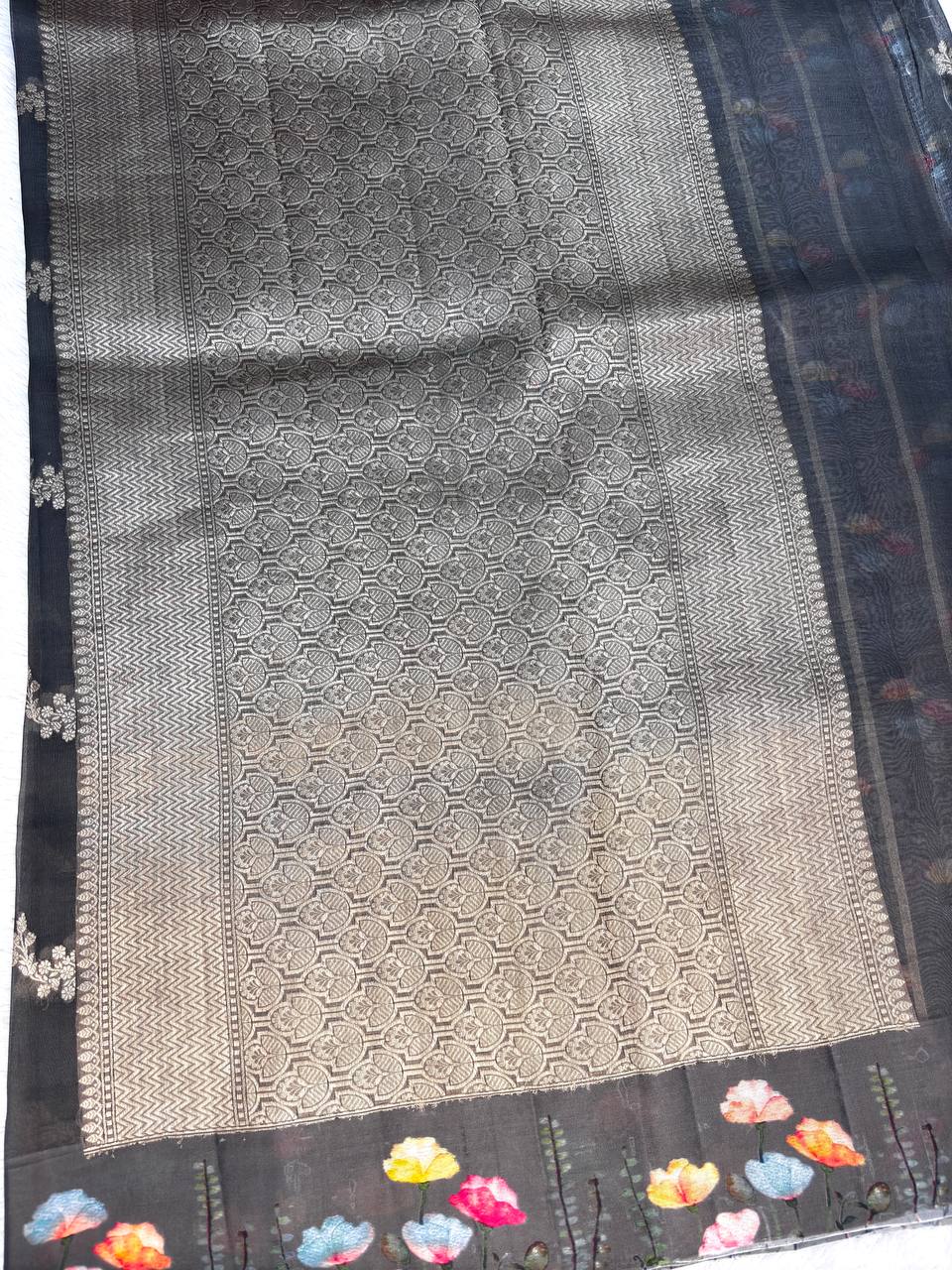 Charcoal Black Banarasi Kora Silk Saree with Gold Zari Kadhua Vines and Digital Floral Painted Border
