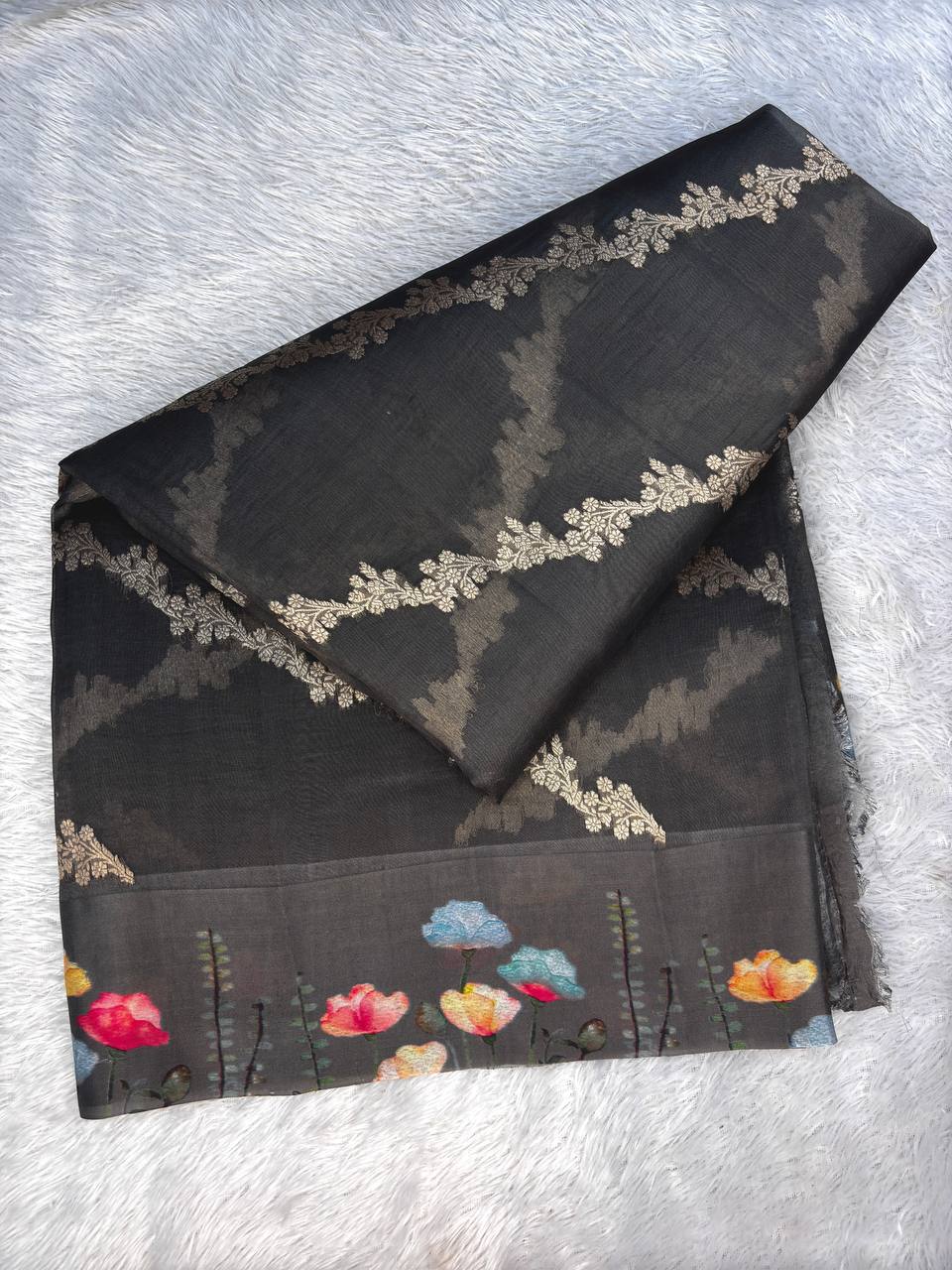 Charcoal Black Banarasi Kora Silk Saree with Gold Zari Kadhua Vines and Digital Floral Painted Border